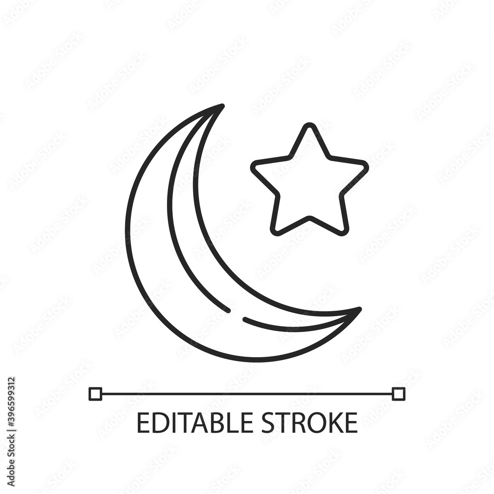Star and crescent linear icon. Religious teaching that there is only one God and one messenger. Thin line customizable illustration. Contour symbol. Vector isolated outline drawing. Editable stroke Star and crescent linear icon. Religious teaching that there is only one God and one messenger. Thin line customizable illustration. Contour symbol. Vector isolated outline drawing. Editable stroke