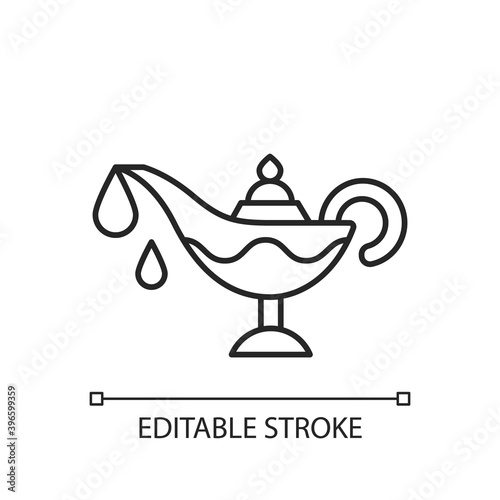 Lamp oil linear icon. Ramadan traditional item. Everyone is keeping fire in house. Thin line customizable illustration. Contour symbol. Vector isolated outline drawing. Editable stroke