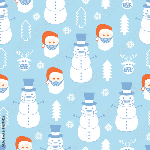 Santa Claus, snowman, and deer wearing a protective face mask. Christmas and pandemic related seamless vector pattern