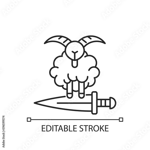 Eid al Adha linear icon. Islamic holidays celebrated worldwide. Honouring willingness of ibrahim. Thin line customizable illustration. Contour symbol. Vector isolated outline drawing. Editable stroke