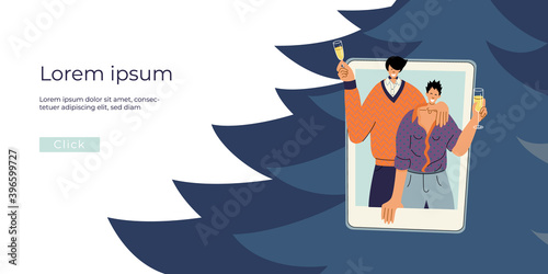 Vector illustration of banner with young modern smiling happy stylish couple in trendy colors on flat geometric background celebrating Christmas remotely safely online, greeting with winter holidays.