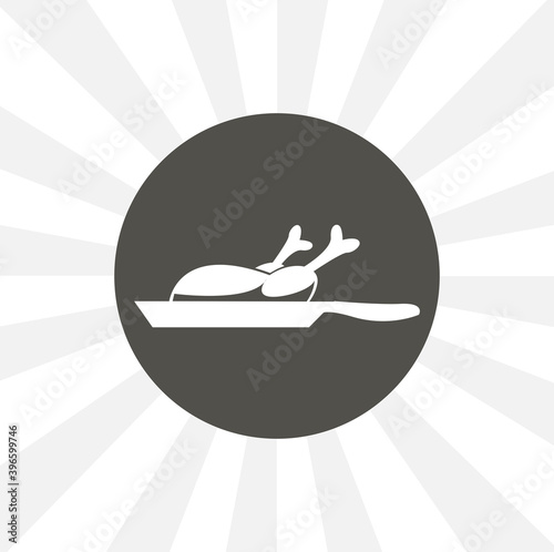 Roasted chicken on a frying pan isolated vector icon. food design element