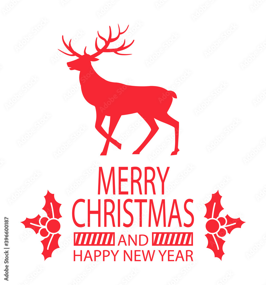 Red paper card decorated by deer and leaves with berries, lines and points. Simple congratulation postcard with Merry Christmas and Happy New Year vector Red paper card decorated by deer and leaves with berries, lines and points. Simple congratulation postcard with Merry Christmas and Happy New Year vector