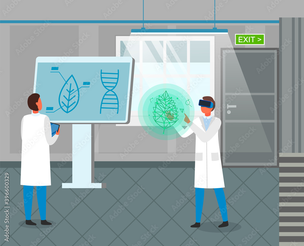 Fototapeta premium Laboratory workers exploring new methods of plant breeding and agricultural genetic of vegetables. Scientist using virtual reality glasses. Engineer looking at board with dna element and leaf