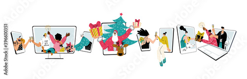 Vector illustration of multicultural happy group of people celebrating Holidays Christmas and New Year. Santa, families and friends greet online from screens of smartphone, laptop, desktop computer.