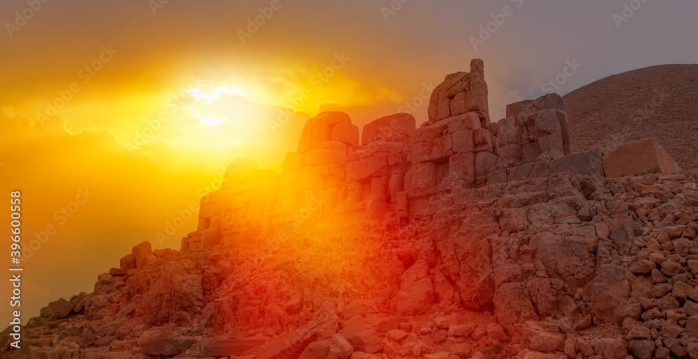 Statues God on top of the Nemrut Mountain at sunset - Adiyaman, Turkey