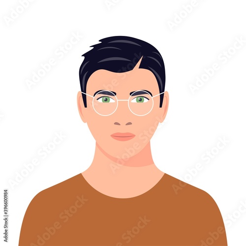 Portrait of a dark-haired guy with glasses. Avatar of a young man. Handsome young man. Green-eyed male character. Flat vector illustration.