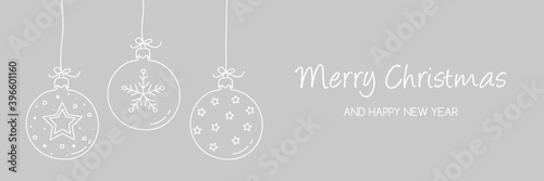 Christmas banner with hanging baubles with decorations. Vector