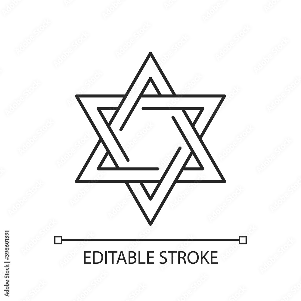 David star linear icon. Judaism symbol. Central symbol on Israeli flag. Magen david. Thin line customizable illustration. Contour symbol. Vector isolated outline drawing. Editable stroke David star linear icon. Judaism symbol. Central symbol on Israeli flag. Magen david. Thin line customizable illustration. Contour symbol. Vector isolated outline drawing. Editable stroke