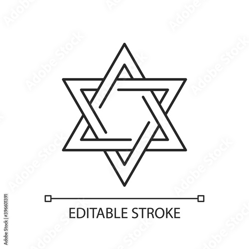 David star linear icon. Judaism symbol. Central symbol on Israeli flag. Magen david. Thin line customizable illustration. Contour symbol. Vector isolated outline drawing. Editable stroke