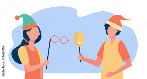 Happy people in masquerade costumes with masks. Festival, event, fun flat vector illustration. Celebration and holiday concept for banner, website design or landing web page