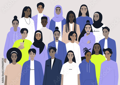 A big group of characters, a diverse community, people of color