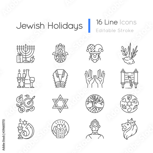 Jewish holidays linear icons set. Holy symbolism. Purim, hanukkah, shavuot, shabbat. Hebrew Bible. Customizable thin line contour symbols. Isolated vector outline illustrations. Editable stroke