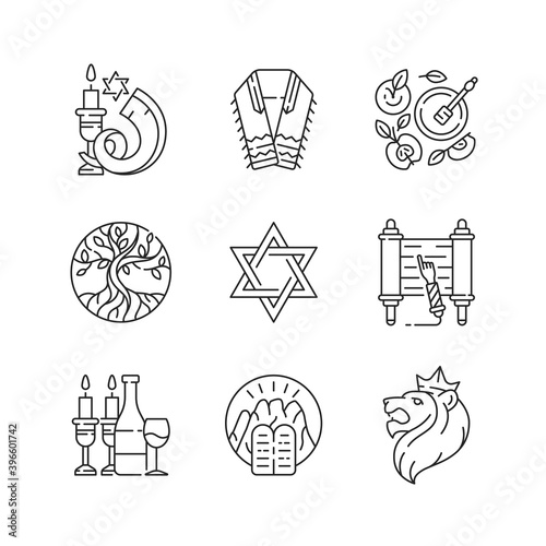 Judaism symbols linear icons set. Shofar, shophar. Jewish prayer shawl. Apples and honey pot. Life tree. Customizable thin line contour symbols. Isolated vector outline illustrations. Editable stroke