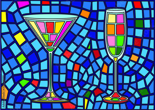 champagne glass and wine glass isolated stained glass background illustration vector