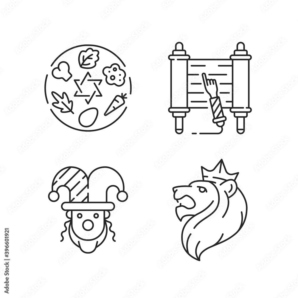 Jewish religious symbols linear icons set. Passover Seder plate. Torah