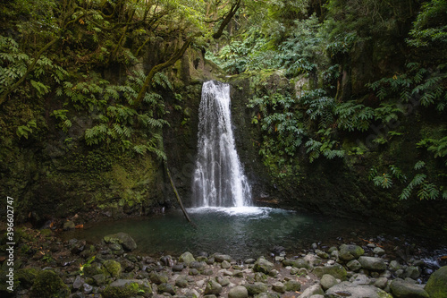 Salto do Prego, Waterfall in a forest in Sao Miguel Island, Azores