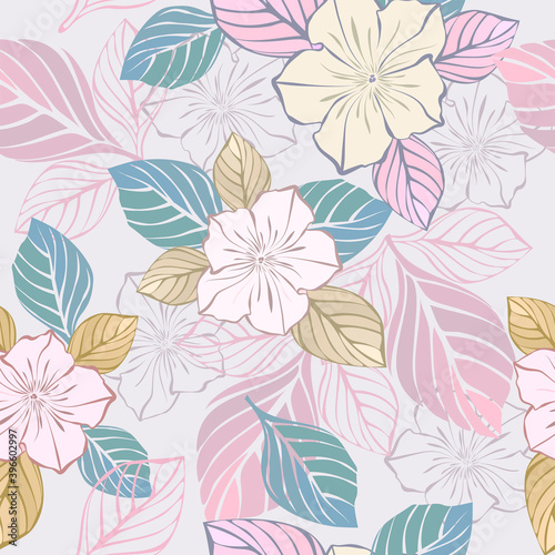 Seamless background of colored flowers and leaves on a white pattern background. Suitable for wallpaper, textiles, packaging.