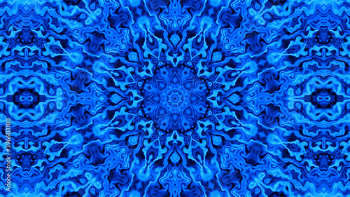 Frosty winter fairytale kaleidoscope pattern background with symmetric cobalt blue gradient elements
