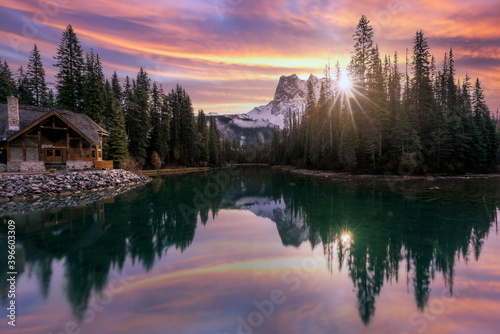 Sunrise in the Rockie Mountains, in the Yoho National Park, over Emerald Lake