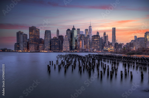 Big City skyline at sunrise from Brooklyn