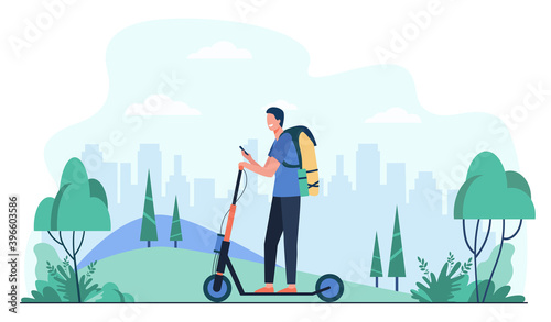 Happy smiling man riding kick scooter on sidewalk flat vector illustration. Cartoon hipster using electric scooter. Electrical personal transportation and urban lifestyle concept