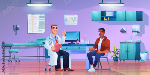 Afro american man in doctors office, consultation of patient with surgeon, practitioner, allergist or immunologist. Therapist and man listening to recommendations of doc vector cartoon character