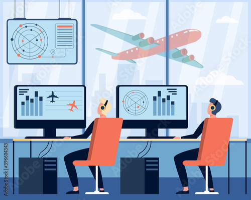 Operators controlling aircraft flat vector illustration. Cartoon characters sitting in airport command room. Flight control center and international transportation concept