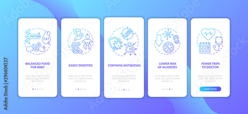 Breastfeeding benefits onboarding mobile app page screen with concepts. Contains antibodies walkthrough 5 steps graphic instructions. UI vector template with RGB color illustrations