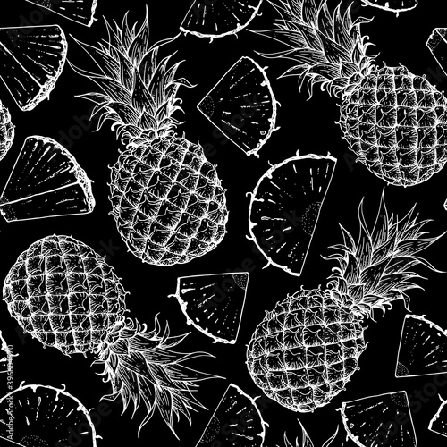 Seamless pattern. Pineappple hand drawn package design. Pineapple template. Vector illustration. Pineapple sketch, brochure illustration. Pattern illustration. Can used for package photo