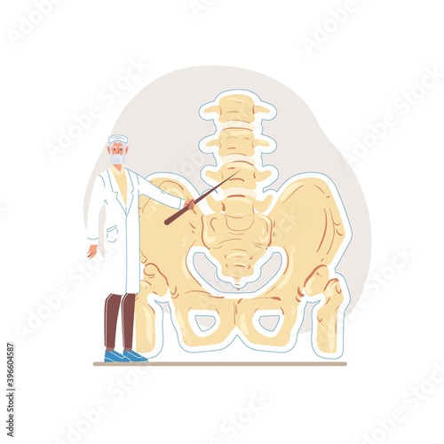 Cartoon flat doctor characters in uniforms,lab coats with medical devices and symbols-pelvis disease treatment and therapy concept