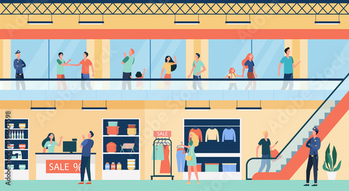People shopping in city mall flat vector illustration. Cartoon buyers walking inside commercial building or store. Supermarket interior, retail and urban lifestyle concept