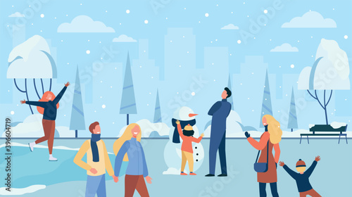 Happy people walking in cold winter park isolated flat vector illustration. Cartoon characters ice skating, playing and family making snowman. Winter activity and snowy landscape concept