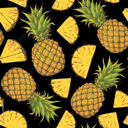 Seamless pattern. Pineappple hand drawn package design. Pineapple template. Vector illustration. Pineapple sketch, brochure illustration. Pattern illustration. Can used for package photo