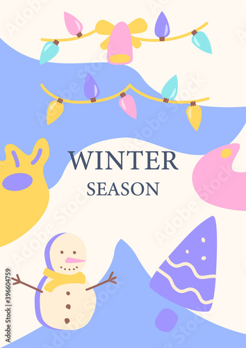 Festive winter season abstract poster template. Christmas, New Year. Commercial flyer design with flat illustration. Vector cartoon promo card with organic shapes. Wintertime advertising invitation