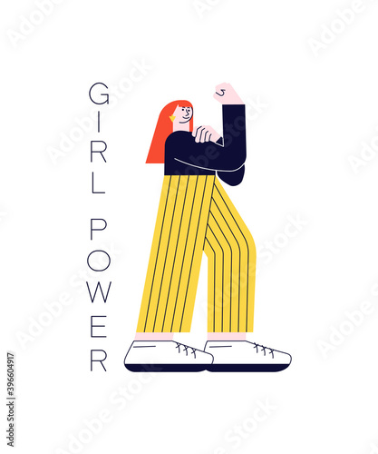 Confident strong caucasian woman raised her hand with fist. We Can Do and girl power. Vector Illustration isolated on white