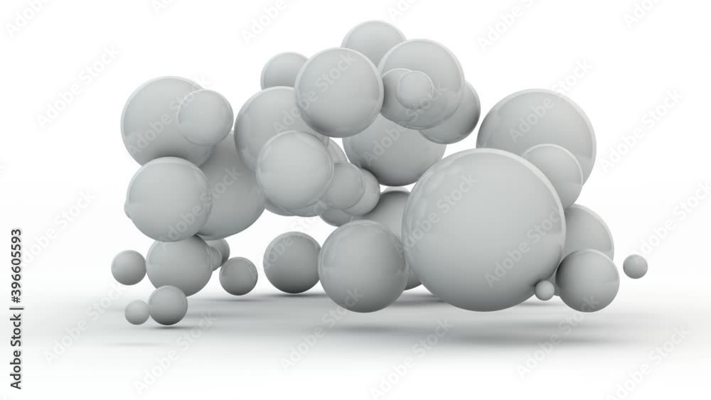 3D animation of chaotic, pulsed movement of many spheres of different sizes, white on a white background. Abstract loop animation, background screen saver, chaos design. 3D animation of chaotic, pulsed movement of many spheres of different sizes, white on a white background. Abstract loop animation, background screen saver, chaos design.