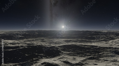 science fiction illustration, alien planet landscape, view from a beautiful planet, beautiful space background 3d render