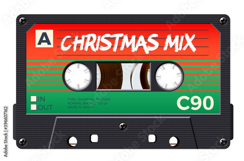 Christmas mix cassette for retro themed holiday party invitation or mix cover. Winter greetings tape with 80s style and Christmas colors