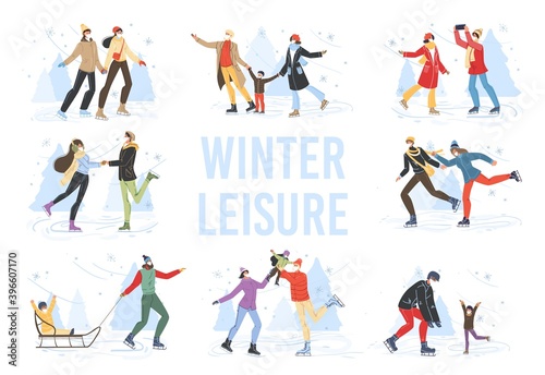 Flat cartoon family characters doing winter outdoor sport activities,skiing,ice skating and sledging in snow,merry christmas,happy New Year holiday concept