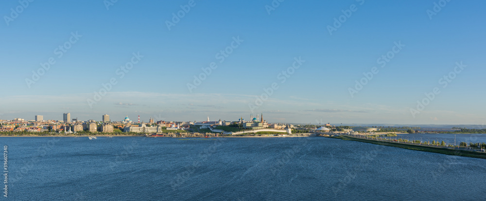 view of the Kremlin and the center of Kazan from the other bank of the Kazanka River, photo was taken on a sunny day