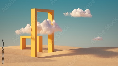 3d render, Surreal desert landscape with white clouds going into the yellow square portals on sunny day. Modern minimal abstract background photo