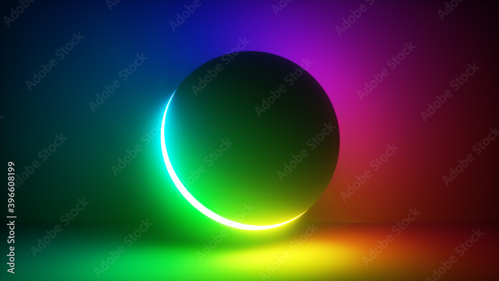 3d rendering of a ball with bright colorful neon light, abstract geometric background