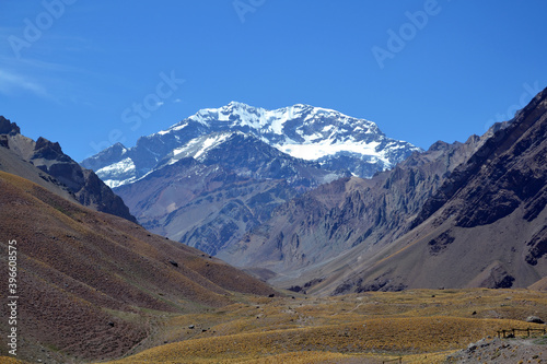 Way to the highest mountain in South America in Aconcagua Provincial Park. Mount Aconcangua is the queen of the mountains
