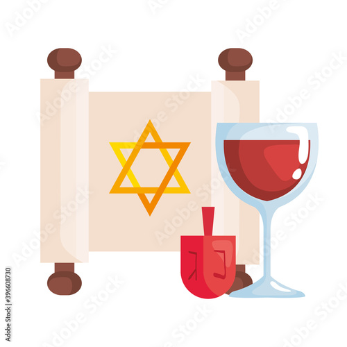 jewish golden star hanukkah in patchment with dreidel and wine cup vector illustration design