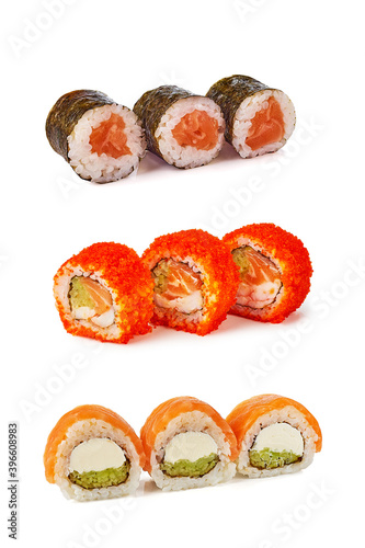 Three kinds of sushi rolls on white