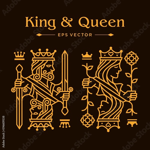 King and queen gold card drawing line illustration, casino poker logo design, Luxury Golden King and queen Playing Card in Dark Background