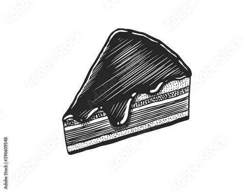 Chocolate fondant cake. Fruit dessert or tart. Hand drawn bakery product. Celebratory Sweet Food. Vintage engraved sketch. Vector illustration for a banner or menu of a cafe and restaurant.