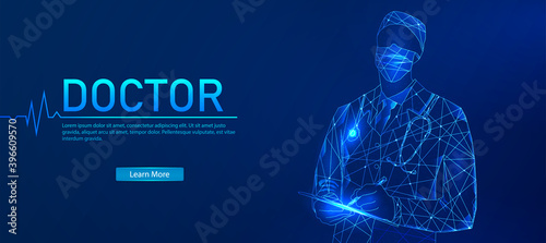 Doctor. Abstract medical science frame concept of modern medical technology, Treatment, medicine on a blue background. For a template, web design, or presentation. Vector illustration.