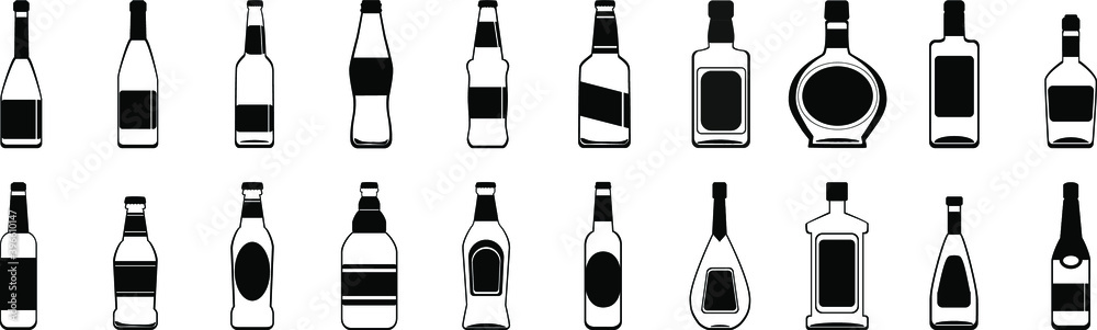 Set of glass bottles. Vector isolated on white background. Set of glass bottles. Vector isolated on white background.